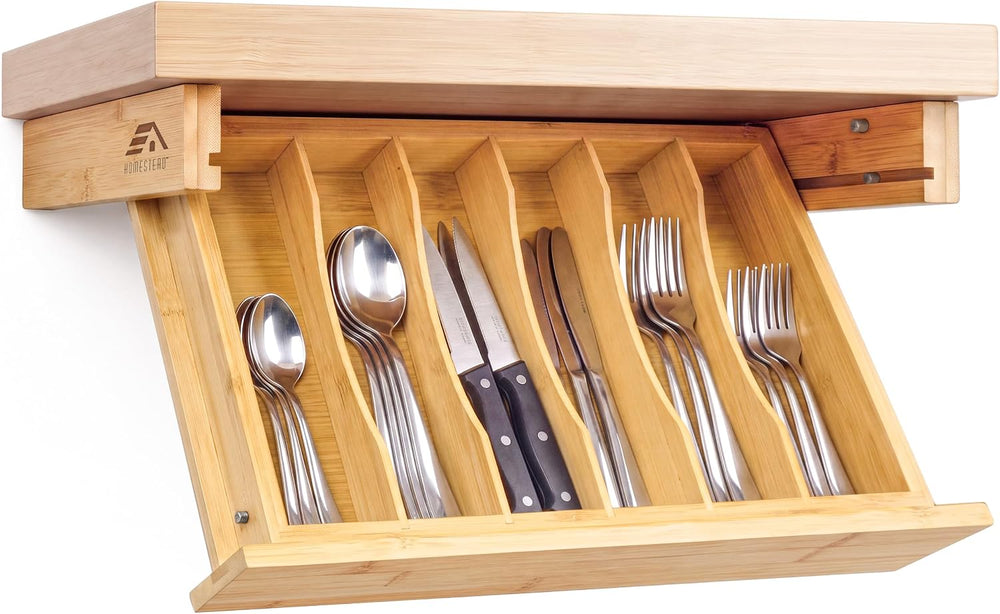 HOMESTEAD Bamboo Silverware Organizer, Under Cabinet Pull Down Storage