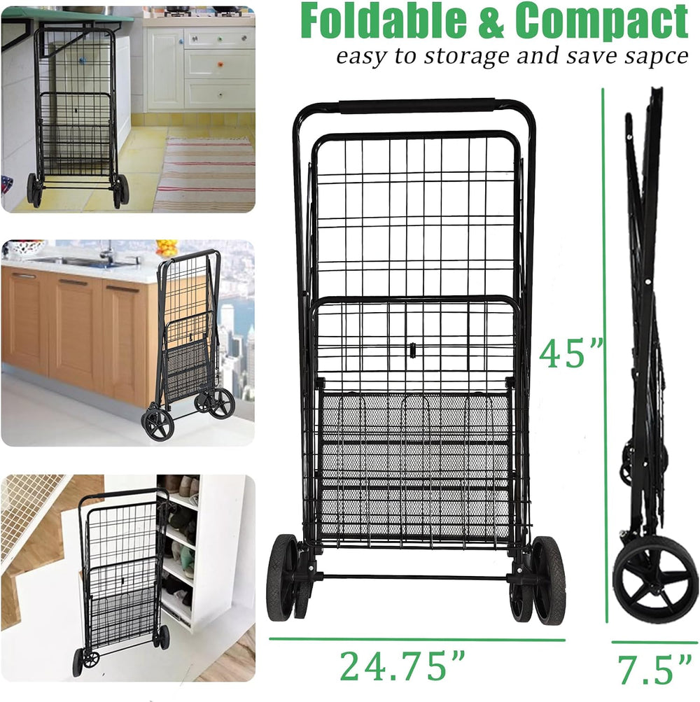 Heavy Duty Folding Shopping Cart with 360° Swivel Wheels, Super Jumbo