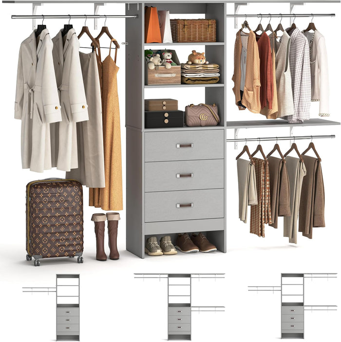 iSunirm 8FT Closet System, 96'' Closet Organizer System with 3 Hanging Rods, Wall Mount Bedroom Wardrobe with 3 Drawers Walk-in Closet, Adjustable Cloth Garment Rack from 5 to 8FT (Cut to Fit), Grey
