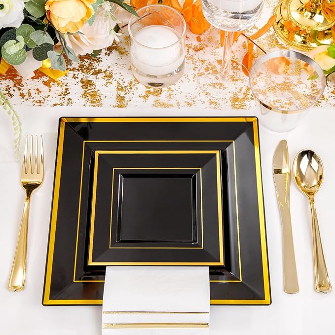 Festiva 350Pcs Black and Gold Plastic Plates-50Guests Disposable Square Black...