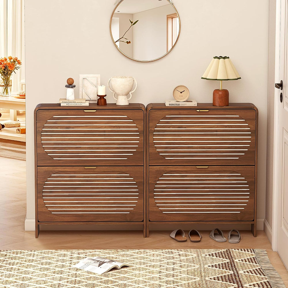 Narrow Shoe Storage Cabinet for Entryway with 2 Flip Drawers, Freestanding Wo...