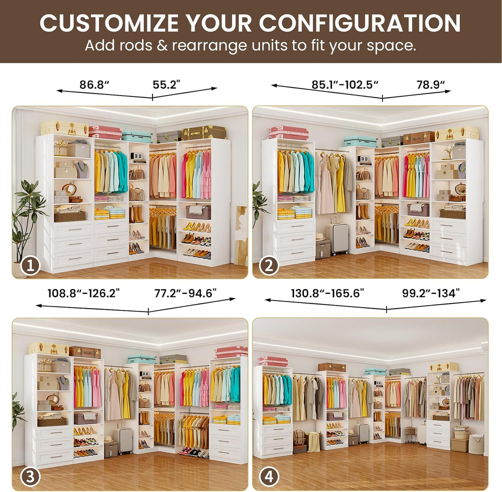 Closet System with 6 Drawers, Corner Closet System with 15 Shelves & 8 Ha...