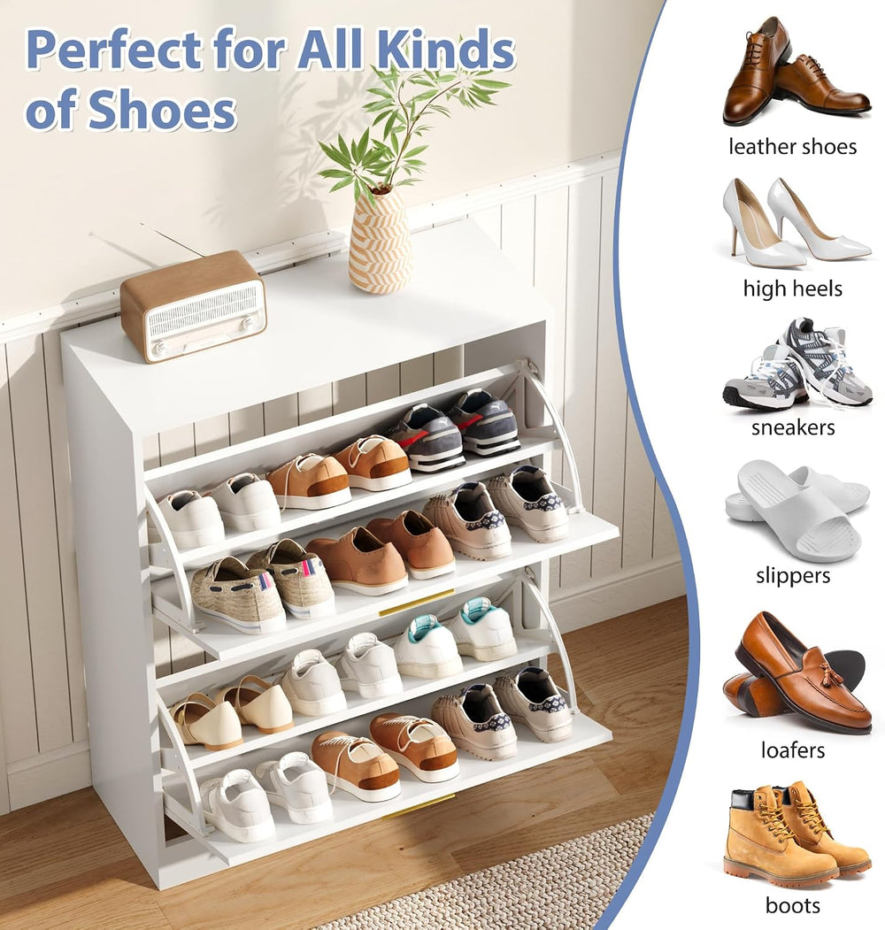 Shoe Cabinet Storage with 2 Flip Drawers and Closed Base, White丨Hidden Shoe O...