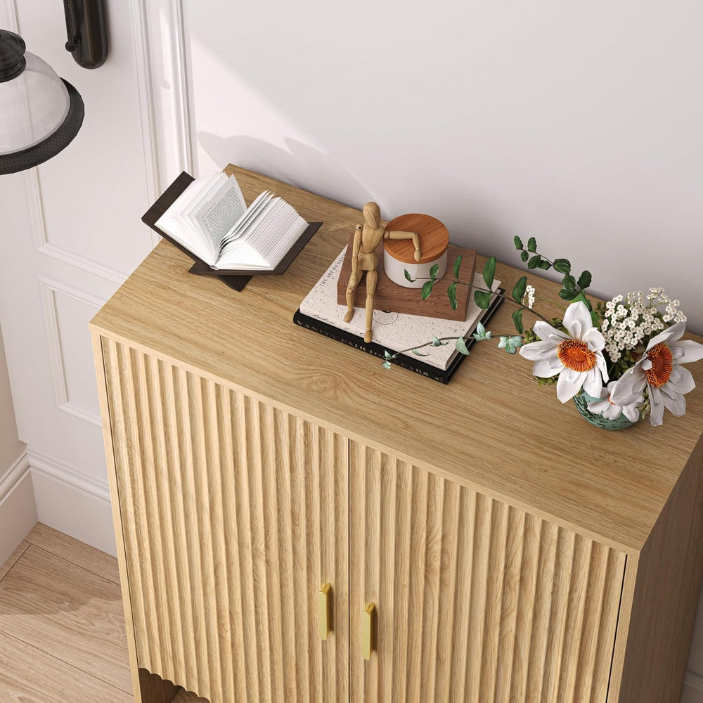 4-Tier Fluted Shoe Cabinet with 2 Doors & Open Shelf, Mid Century Modern ...