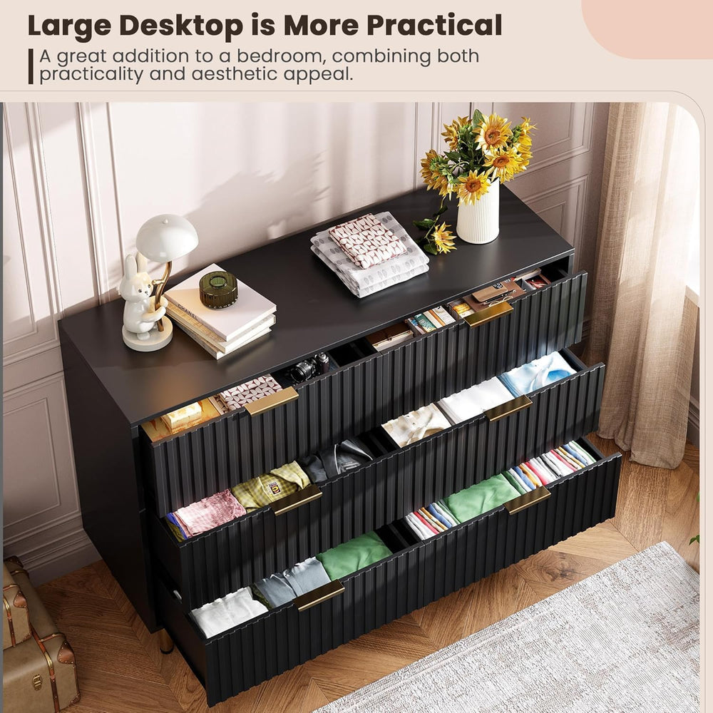 GarveeHome 47.2" Fluted Black 6 Drawer Dresser for Bedroom with Deep Drawer