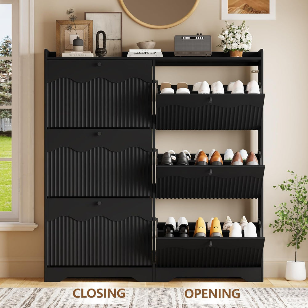 BORNOON Large Shoe Storage Cabinet with 6 Flip Drawers and Modern Wave-Edge F...