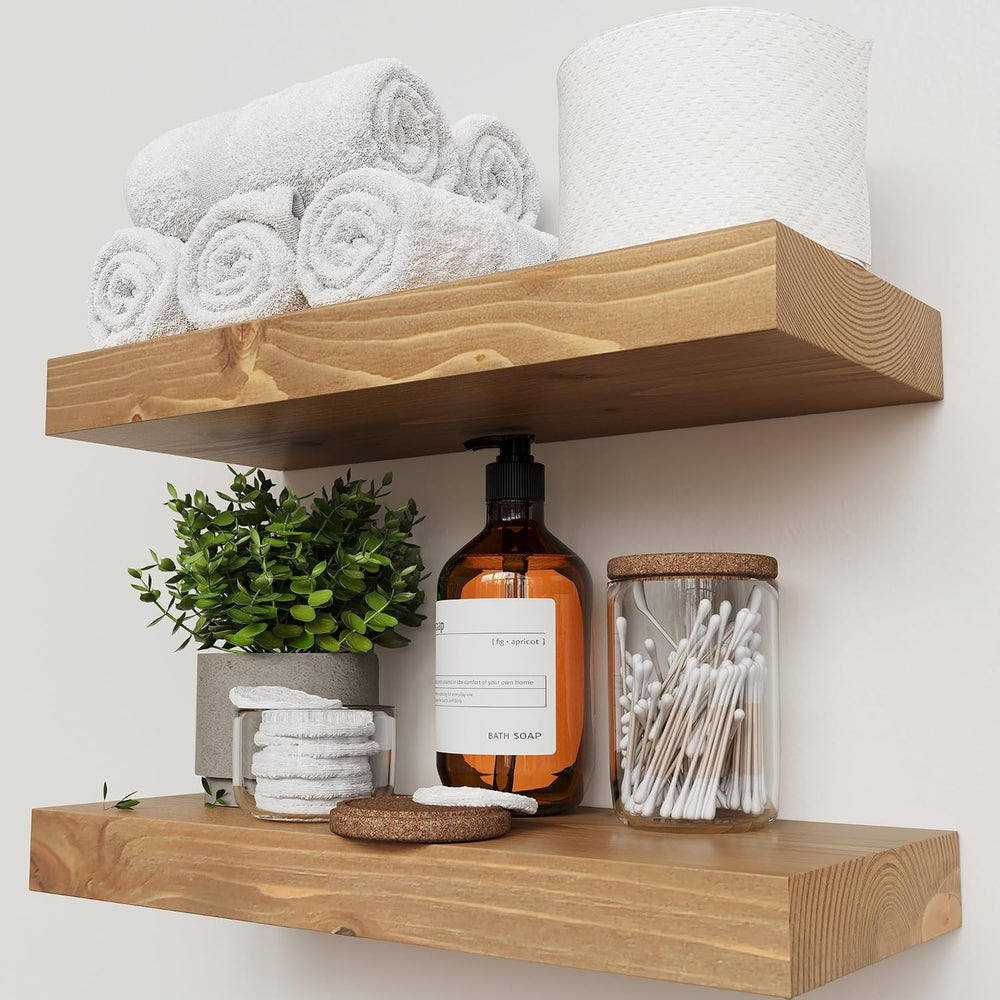 Natural Wood Floating Shelves for Wall 16 Inch Oak, Wooden Bathroom Shelf