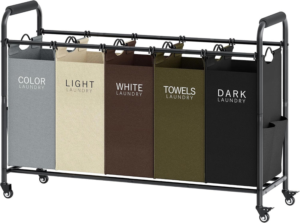 Tajsoon 5 Bag Laundry Sorter Cart, Laundry Hamper 5 Section, 5 Colors