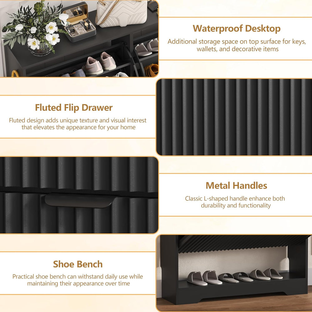 HUANLEGO Shoe Cabinet Storage for Entryway with 2 Flip Drawers, Black Fluted ...