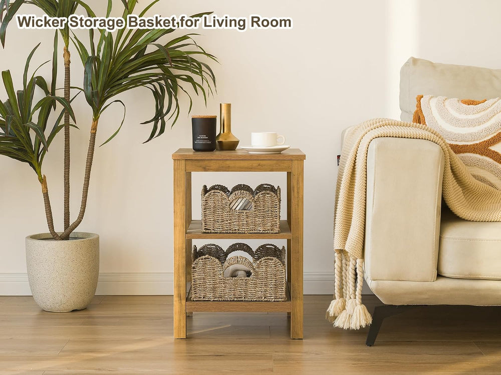 StorageWorks Scalloped Wicker Basket, Hand-woven Rattan Baskets with Built-in...
