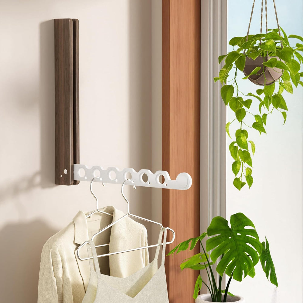 Natural Wood Folding Clothes Hanger Rack for Laundry Room, Wall Mounted Cloth...