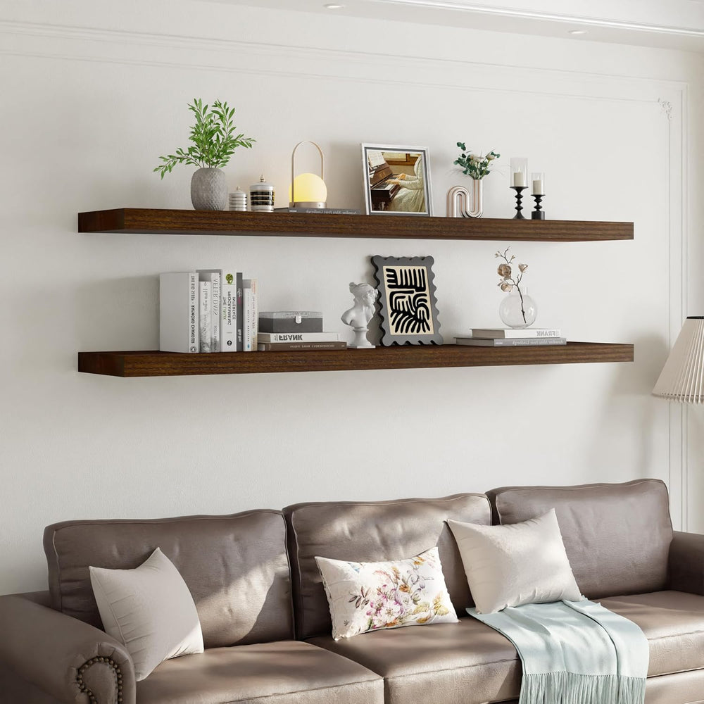 60 Inch Long Floating Shelves for Wall Set of 2, Solid Wood Walnut Floating S...