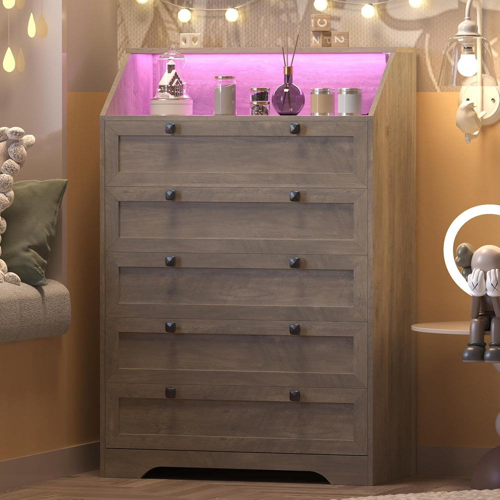 Wodeer Grey Dresser Tall 5 Drawer Dresser for Bedroom, Wood Chest of Drawers ...