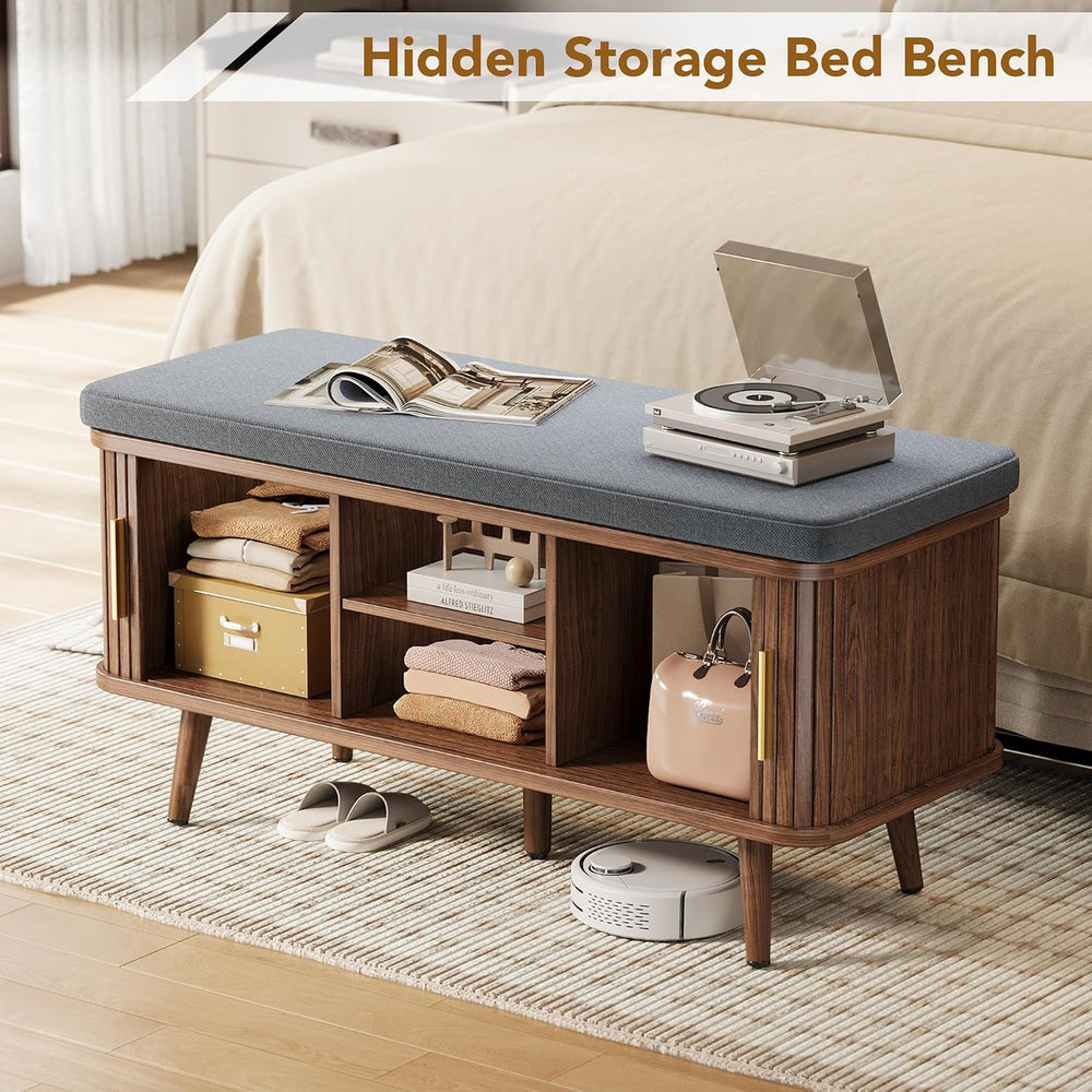 Decofy Shoe Storage Bench with Cushion and Sliding Doors, 39 Inch Shoe Bench ...