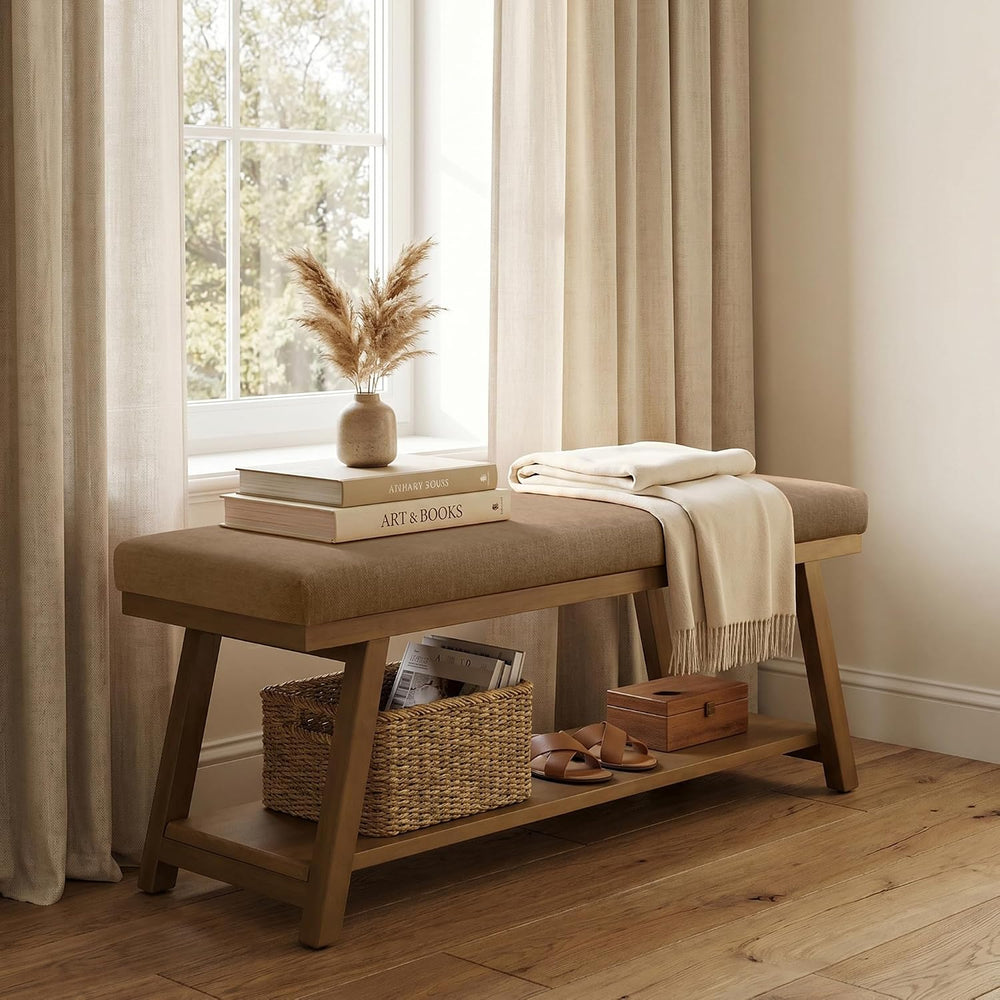 Zihanhome 45" Entryway Bench Upholstered Storage Bench for Bedroom(Brown)