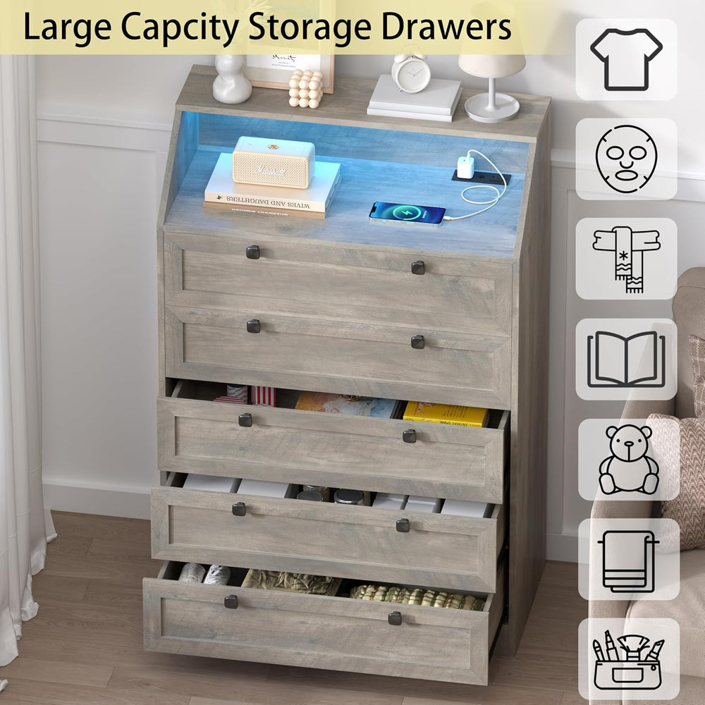 Wodeer Grey Dresser Tall 5 Drawer Dresser for Bedroom, Wood Chest of Drawers ...