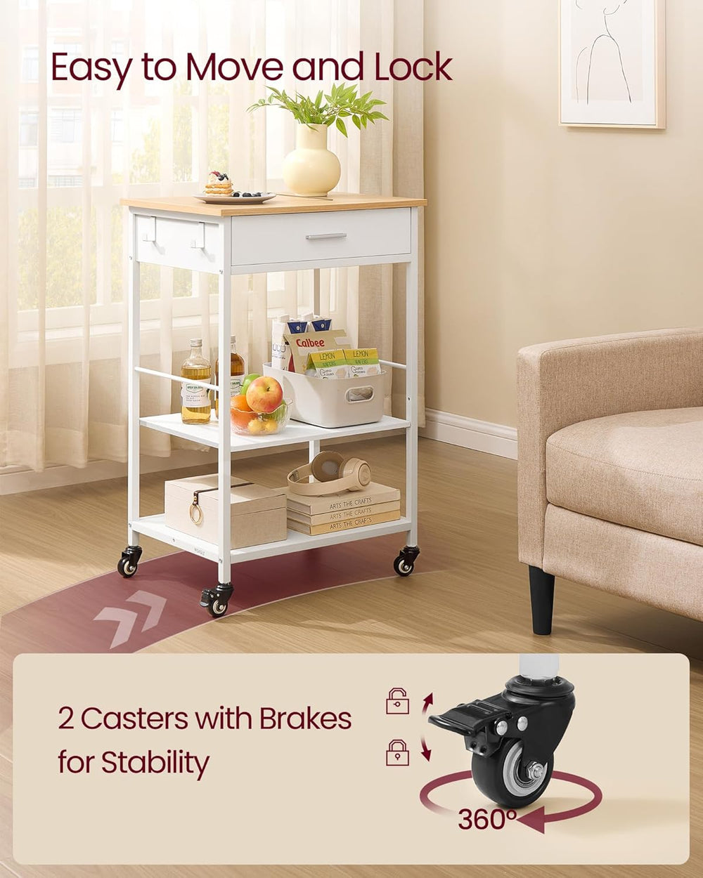 VASAGLE Kitchen Island Cart with Storage, Drawer, Adjustable Shelf, 2 Hooks