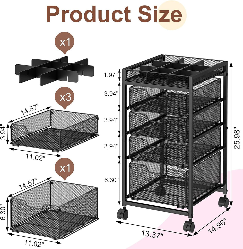 5-Tier Rolling Makeup Cart Organizer with 4 Drawers, Cosmetics Display with D...