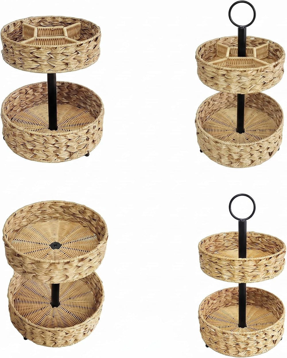 2-Tier Round Faux Rattan Wicker Storage Basket with Metal Frame, Countertop O...