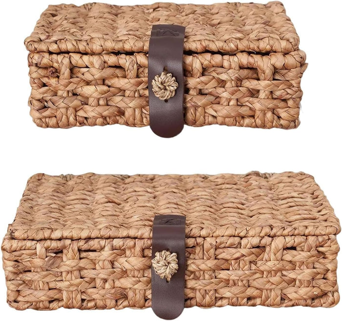 2 Pcs Decorative Box with Lid, Wicker Storage Basket, Water Hyacinth Woven Decorative Box for Shelf, Coffee Table, Console Table, Home Decor(S+L)