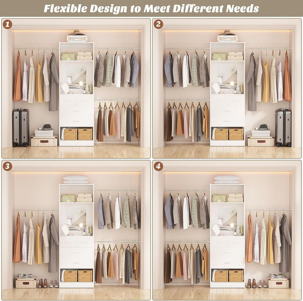 Unikito 8FT Closet System with Mirror and 3 Extendable Hanging Rods, White