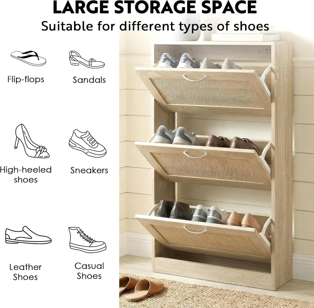 Rattan Shoe Storage Cabinet with 3 Flip Drawers