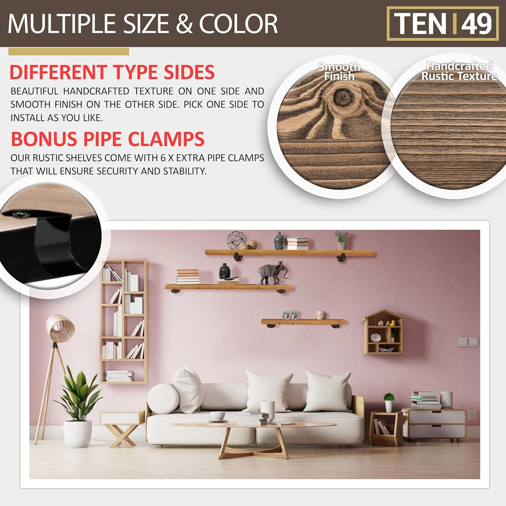 TEN49 Real Wood Rustic Floating Shelves Wall - 48 Wide Small Wooden Industria...