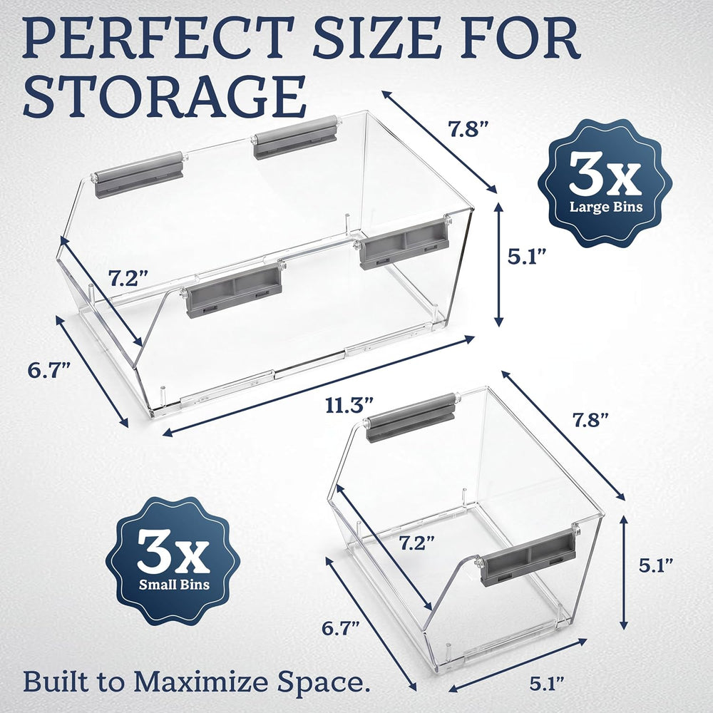 HOMESTEAD Set of 6 Stackable Storage Bins, 3 Large + 3 Small Clear Plastic Or...