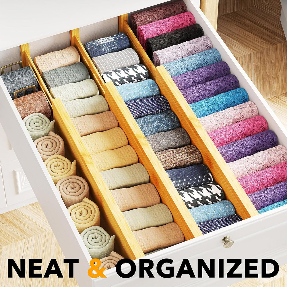 SpaceAid Bamboo Dresser Drawer Dividers 6 Pack, 4.65“ High Adjustable 17“-22”...