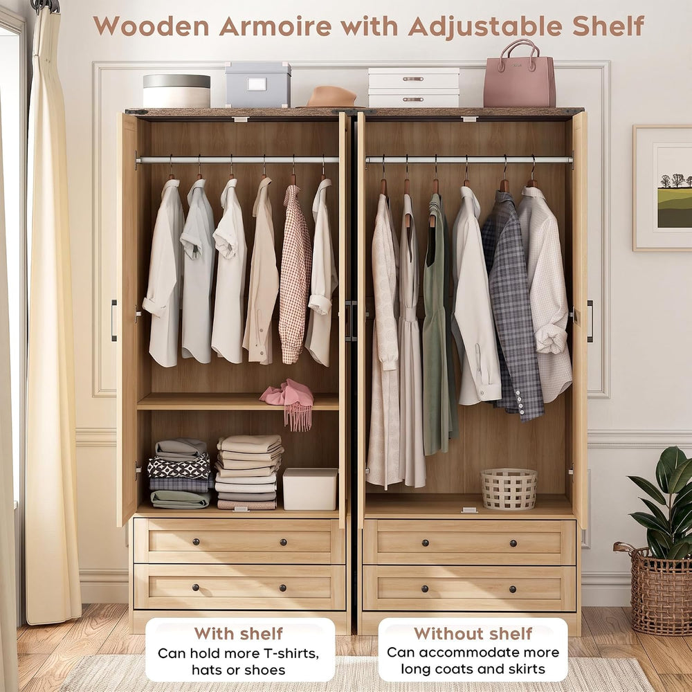 Brafab Wooden Armoire Wardrobe Closet with Drawers, Natural, Set of 2