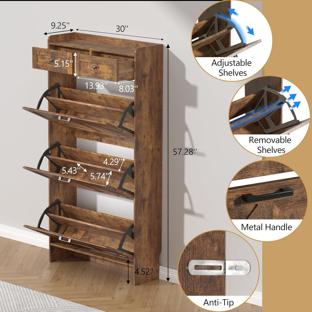 Thacuok Shoe Cabinet with 3 Flip Drawers & 2 Storage Drawers, Rustic Farm...