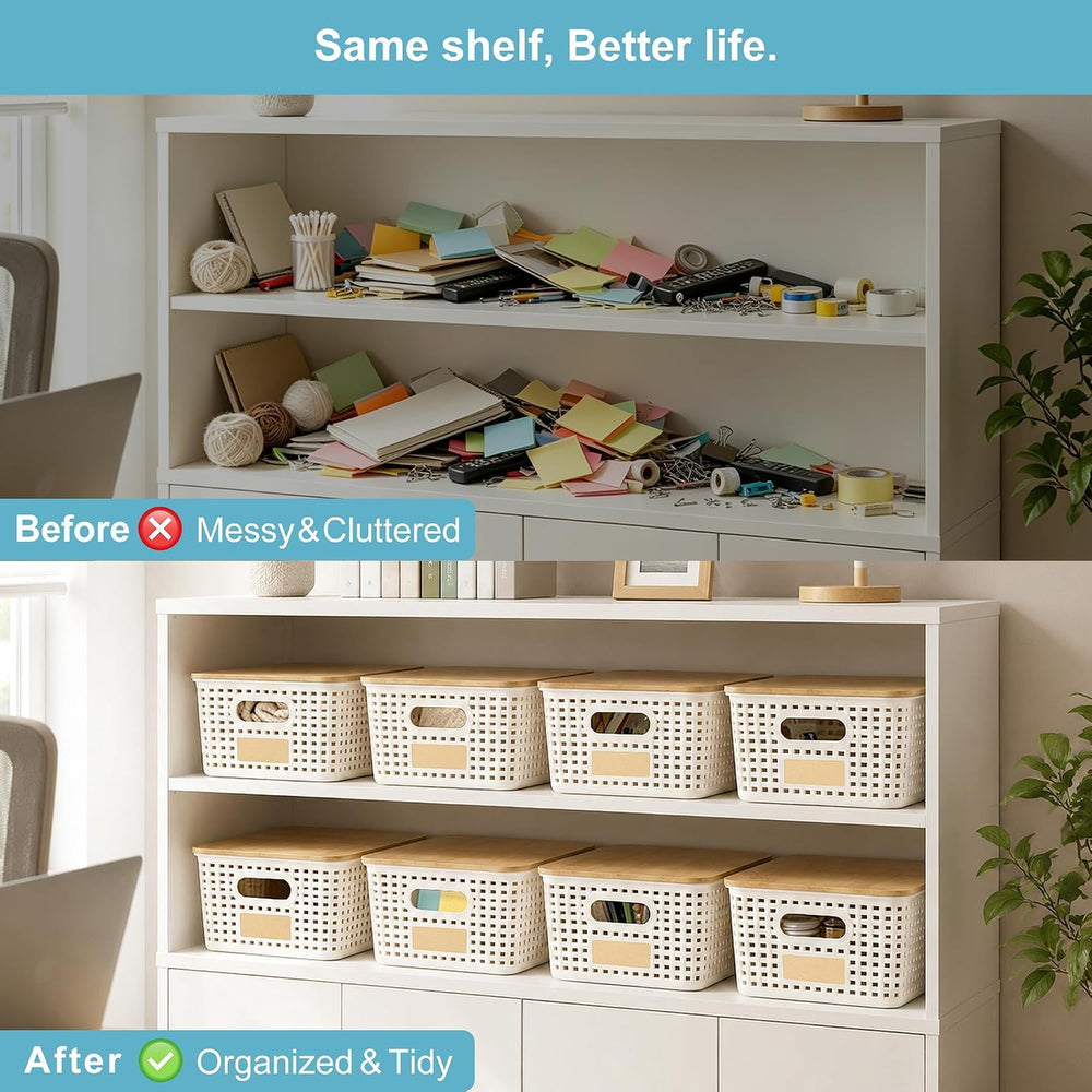 Bagnizer Small Plastic Storage Bins with Bamboo Lids 5.2qt Stackable Box Bask...