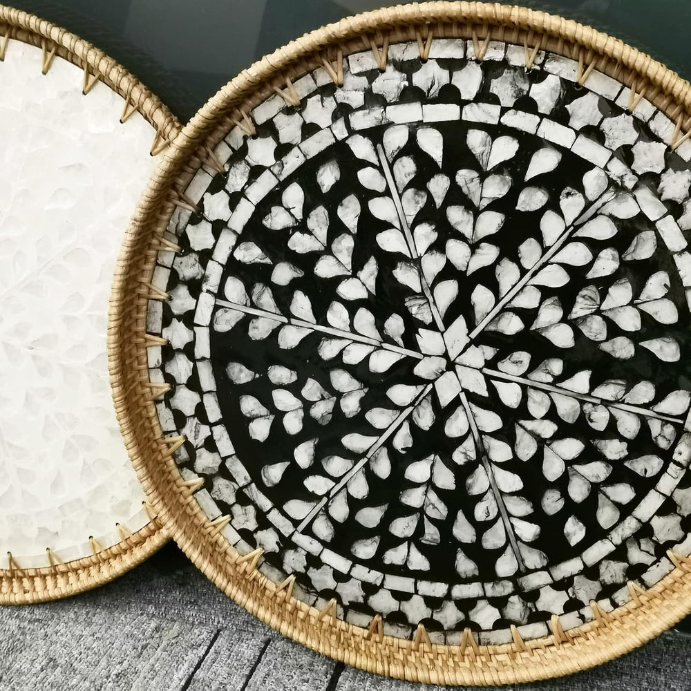 i-lan 16" Rattan & Mother of Pearl Serving Tray with 1.2" Raise...