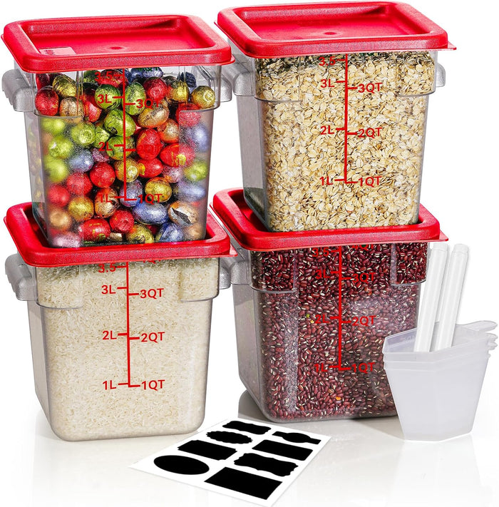 4QT 4PCS NSF Commercial Clear Food Storage Containers with Lids(RED)