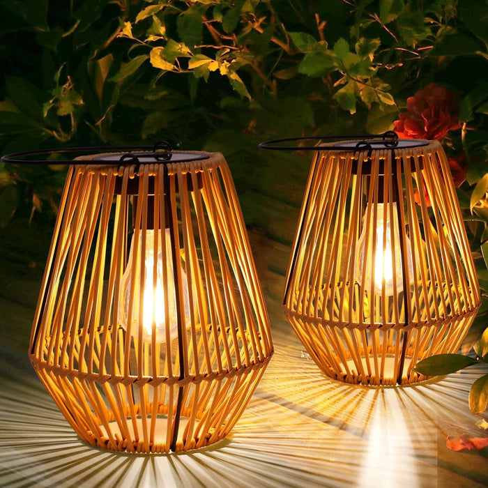 Livinlarge Solar Lanterns Outdoor Waterproof,Wicker Solar Lantern 2 Pack |