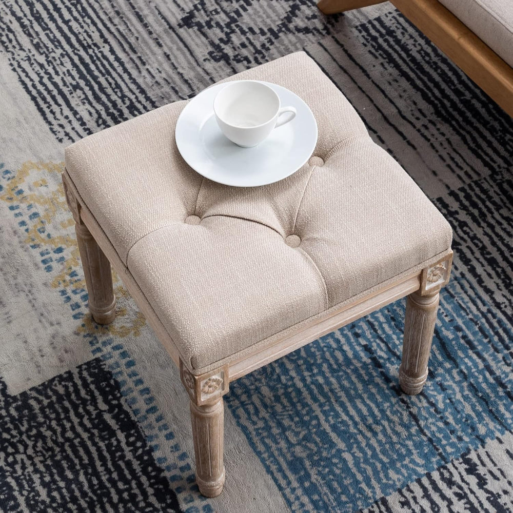 chairus Square Foot Stool with Button Tufted Seat, Small Fabric Upholstered S...