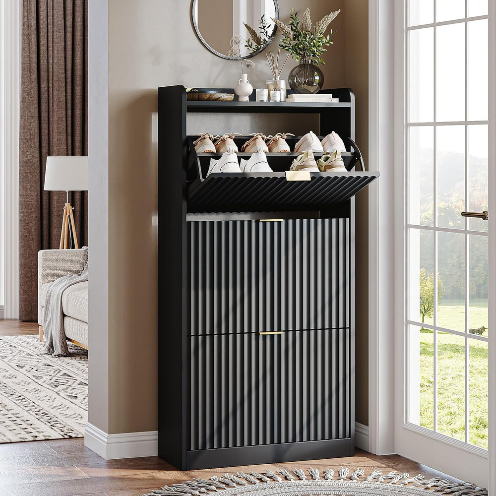 Black Fluted Slim Shoe Cabinet Storage with 3 Flip Drawers for Entryway