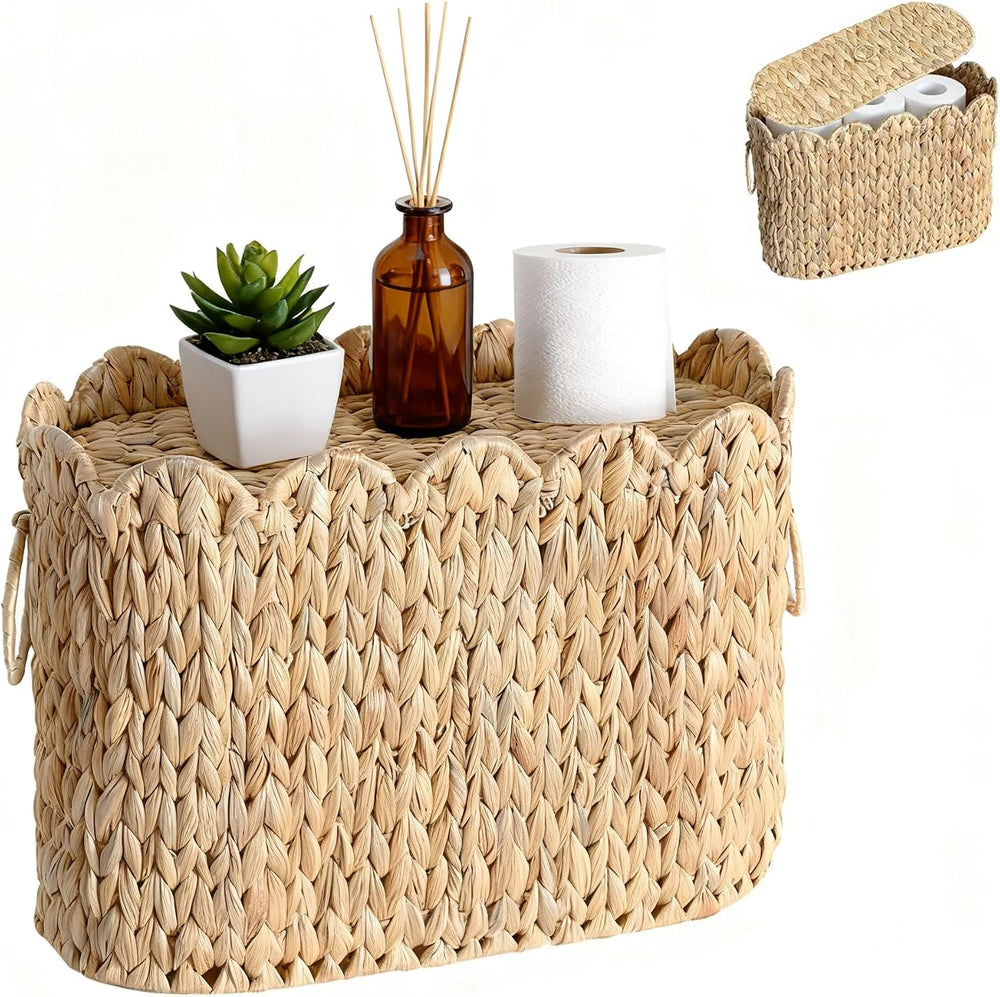 Narrow Wicker Toilet Paper Holder Basket with Lid, Scalloped Wicker Storage B...