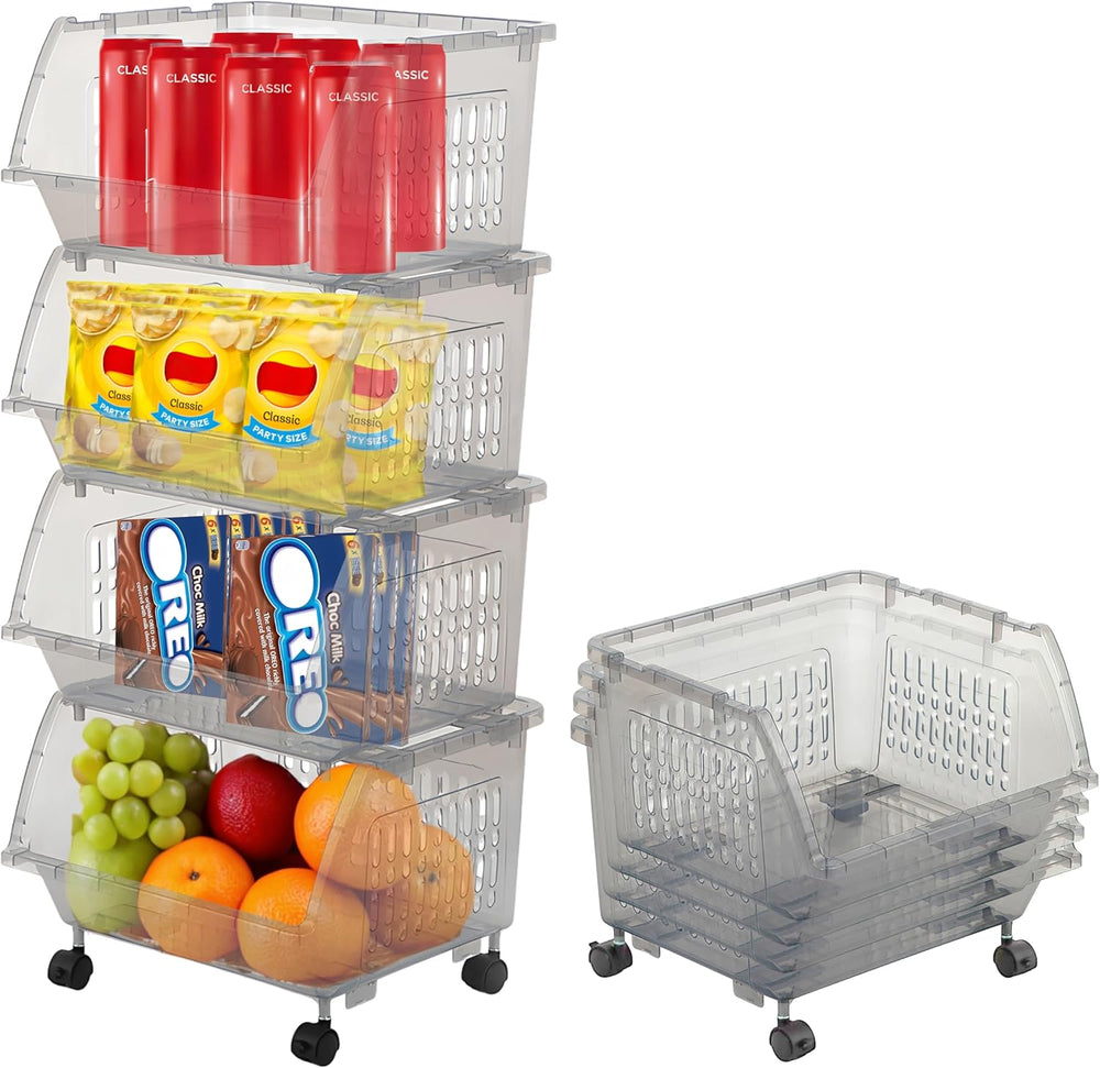 Large Stackable Storage Bins Open Front with Wheels, 4 Pack - Light Grey