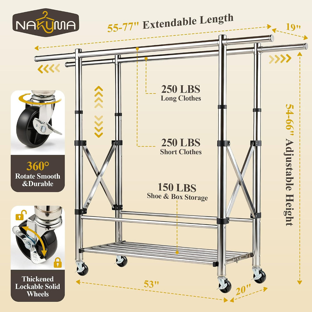 Heavy Duty Clothes Rack with Shelves, 77 Inch Extra Long Adjustable Double Ro...