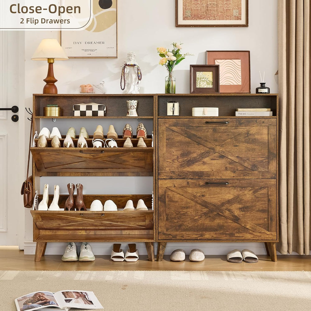 Joaxswe Narrow Shoe Cabinet with 2 Flip Drawers for Entryway,Rustic Brown