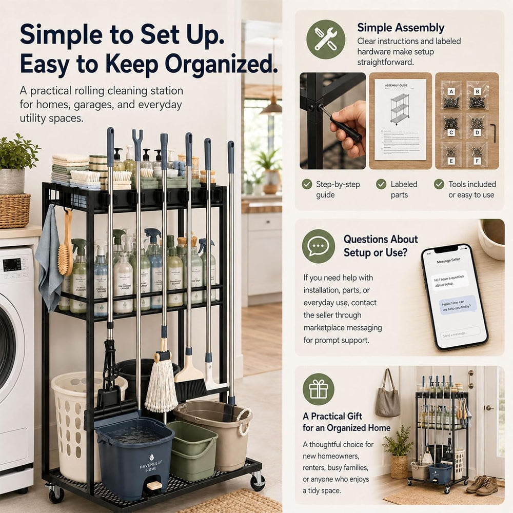 Rolling Cleaning Supply Cart, 3-Shelf Broom Mop Organizer, Locking Wheels