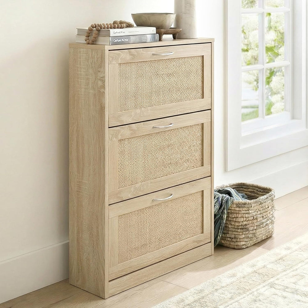 Rattan Shoe Storage Cabinet with 3 Flip Drawers