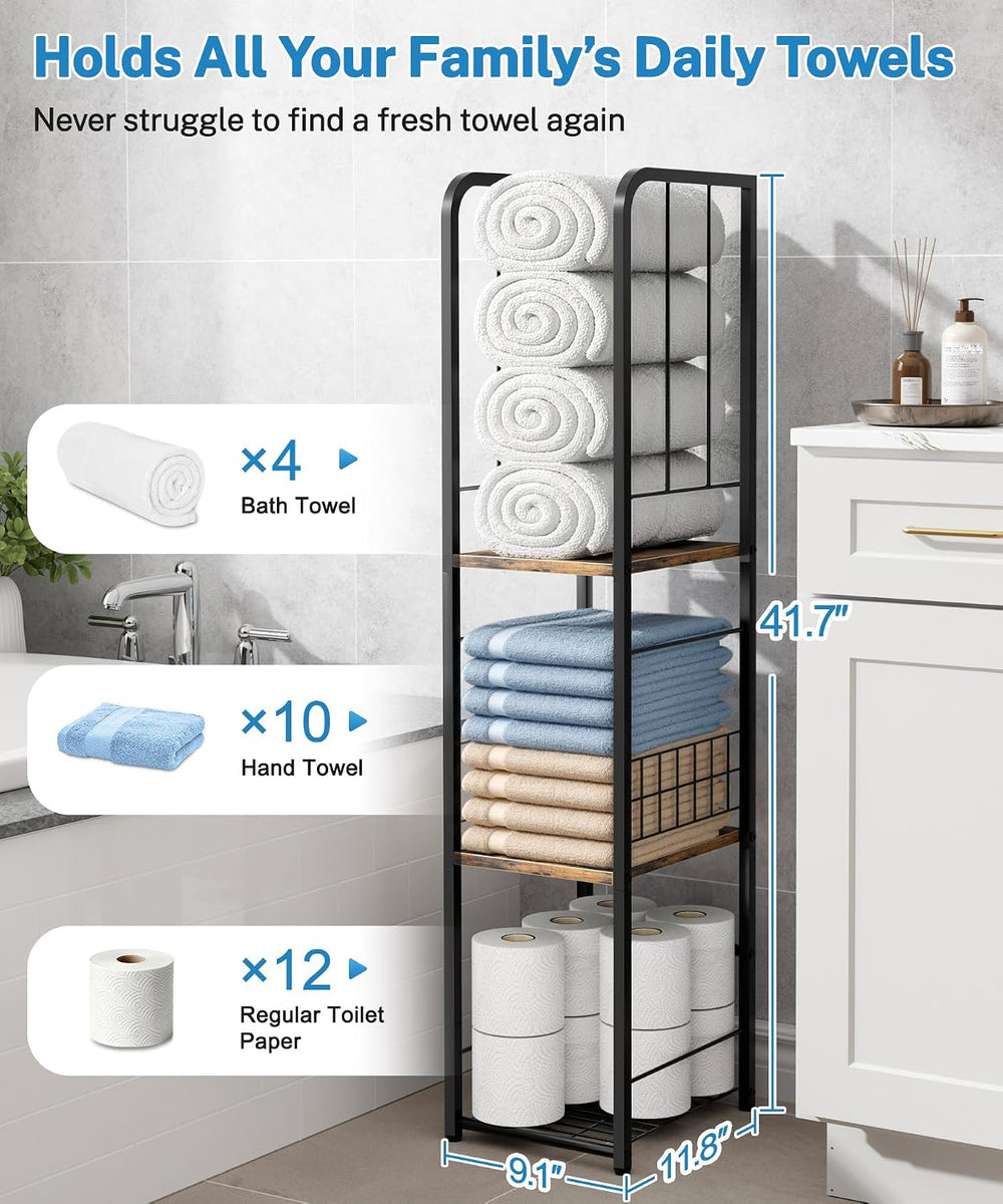 KIMBORA Narrow Towel Storage for Bathroom, 3-Tier Free Standing Bathroom Towe...