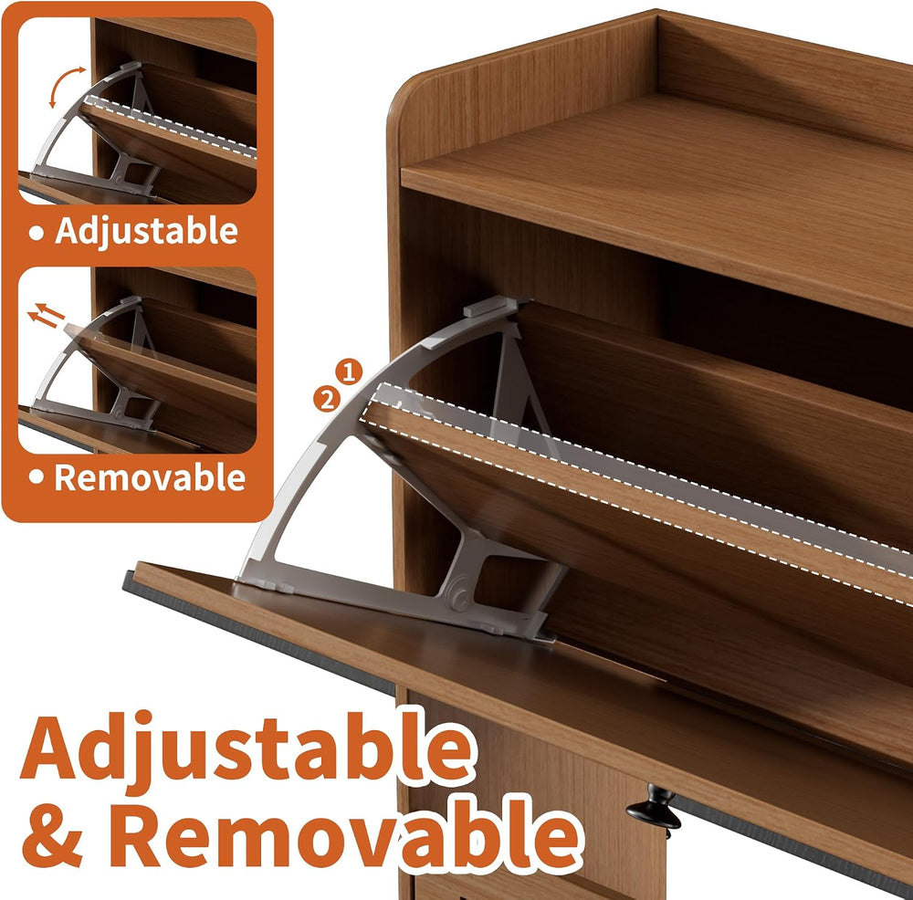 Narrow Shoe Storage Cabinet with 2 Flip Drawers for Entryway (Walnut)
