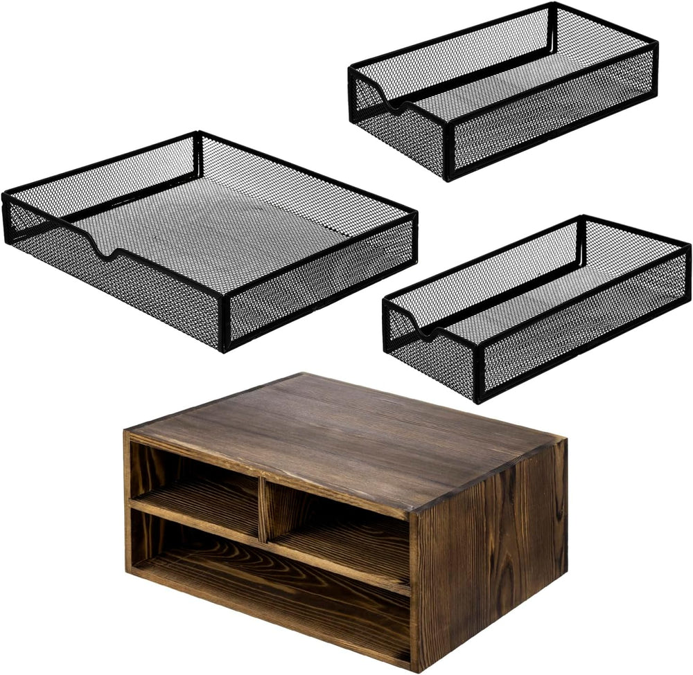 MyGift Rustic Burnt Brown Solid Wood Desktop Organizer Box with 3 Removable B...
