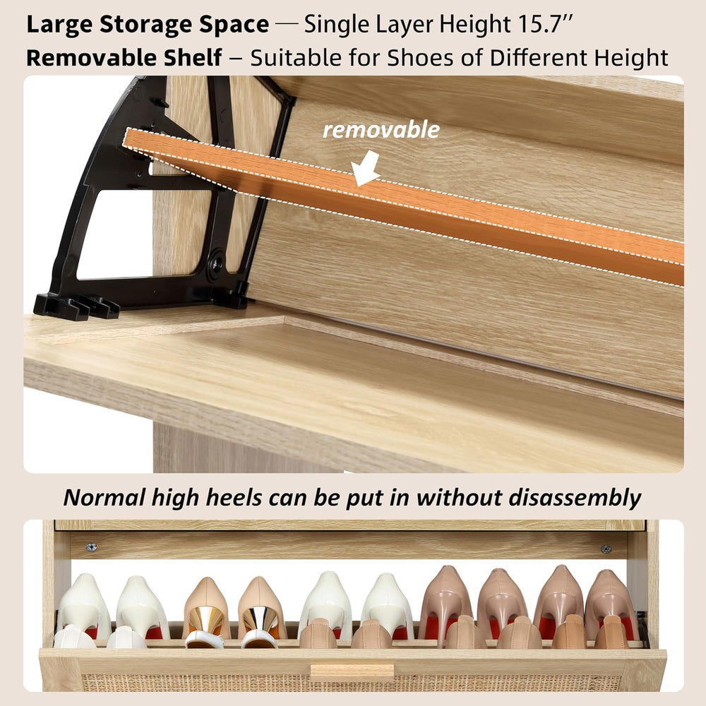 Finnhomy Extended Edition Shoe Cabinet with Natural Rattan Flip Drawers for E...