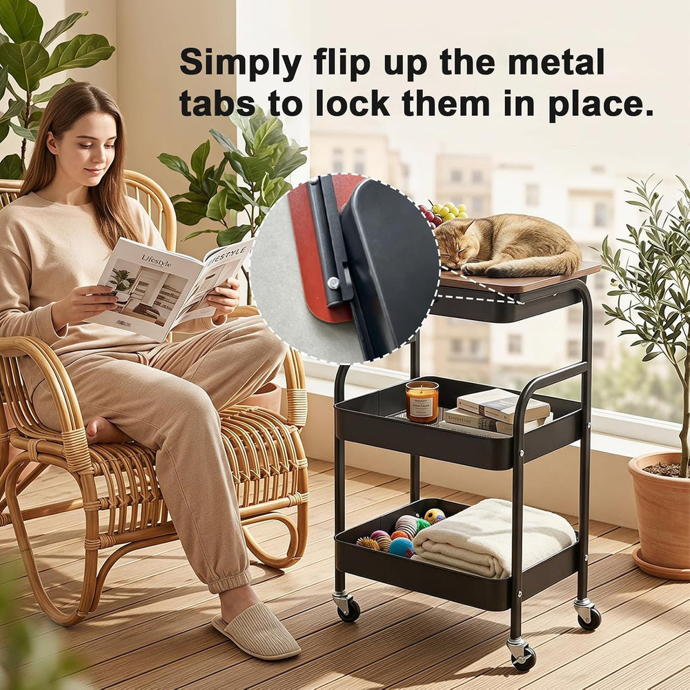 3 Tier Rolling Cart with Drawer and Wood Top, Small Space Storage Cart with W...