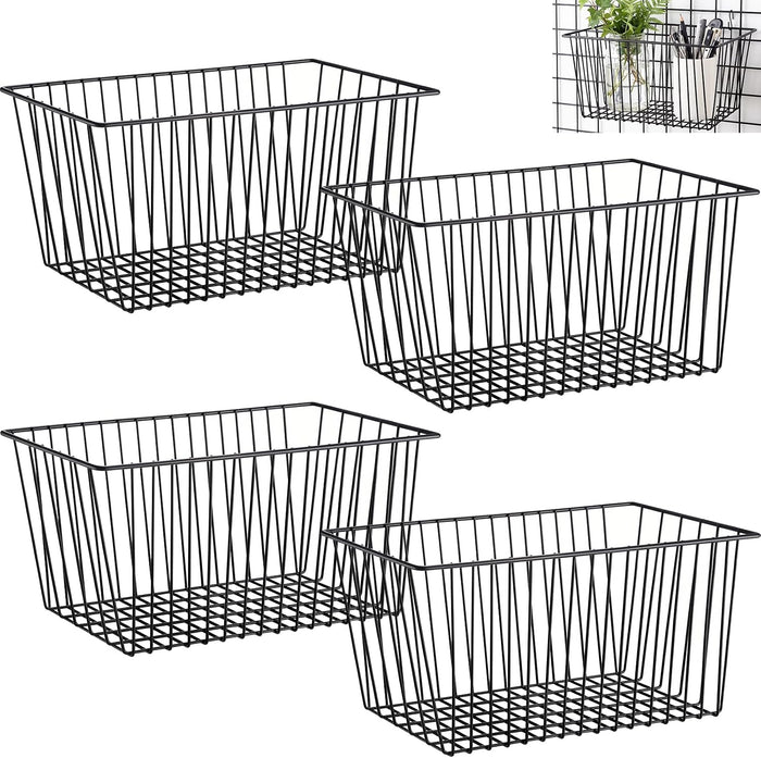 4pcs Hanging Wire Basket Set with S Hooks, 10.8''x7.8''x5.6'' Grid Panel gridwall Storage Baskets for Kitchen, Home Decor, Potted Plants Display, Black Metal Gridwall Accessories