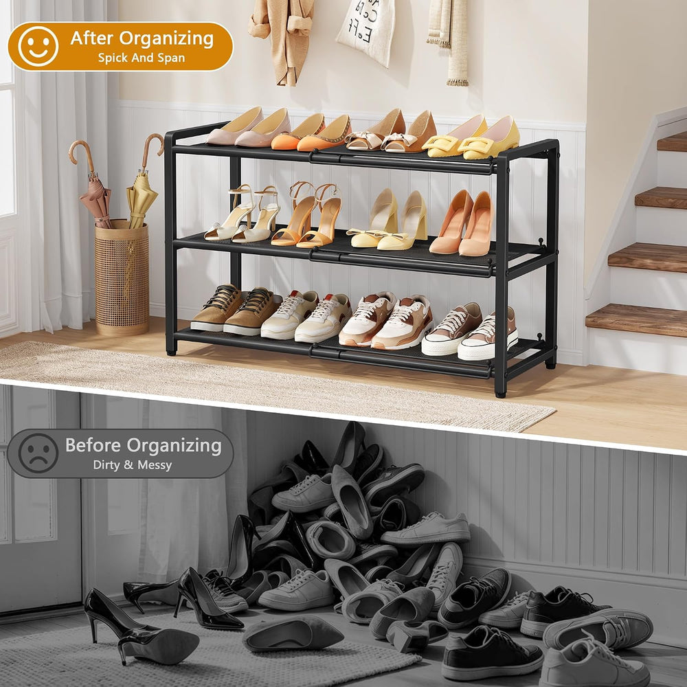 Gewudraw Expandable Metal Shoe Rack for Closet, 3-Tier Shoe Organizer,Black